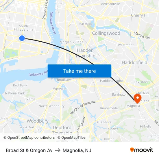 Broad St & Oregon Av to Magnolia, NJ map