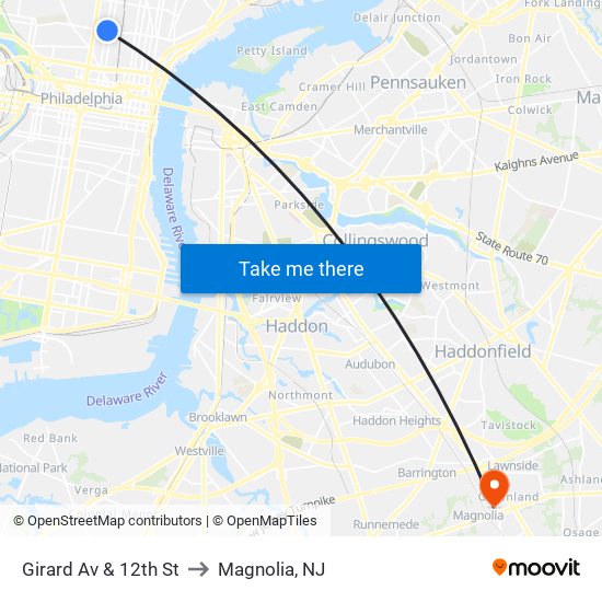 Girard Av & 12th St to Magnolia, NJ map