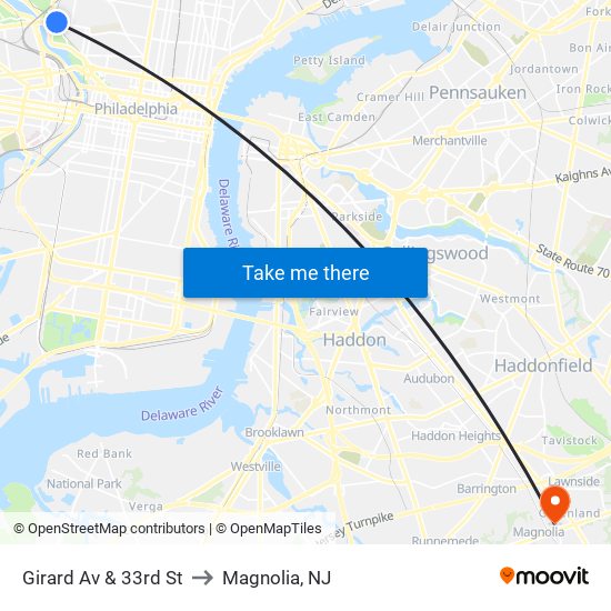 Girard Av & 33rd St to Magnolia, NJ map