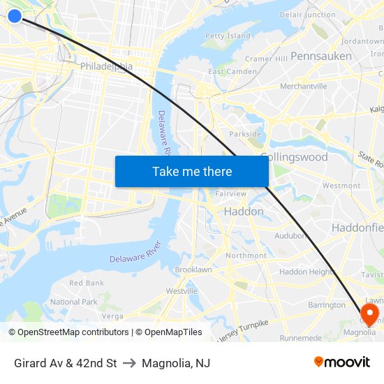 Girard Av & 42nd St to Magnolia, NJ map