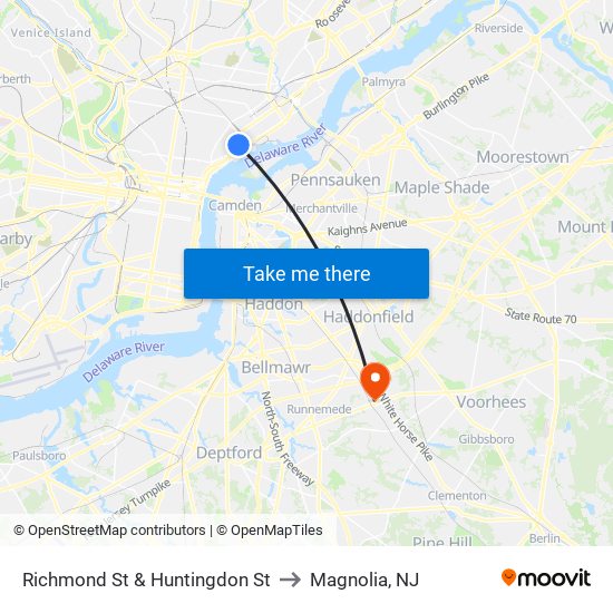 Richmond St & Huntingdon St to Magnolia, NJ map