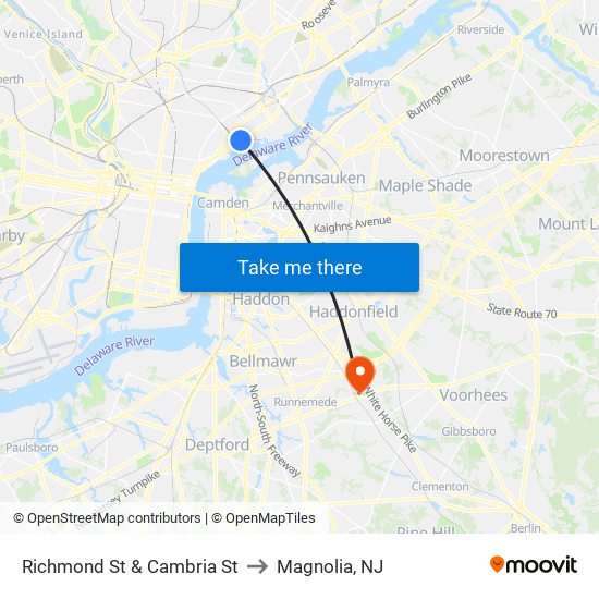 Richmond St & Cambria St to Magnolia, NJ map