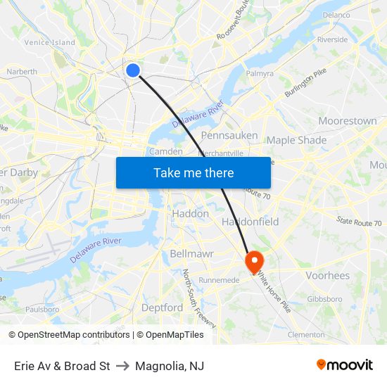 Erie Av & Broad St to Magnolia, NJ map
