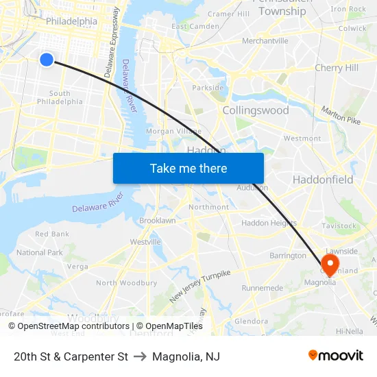 20th St & Carpenter St to Magnolia, NJ map