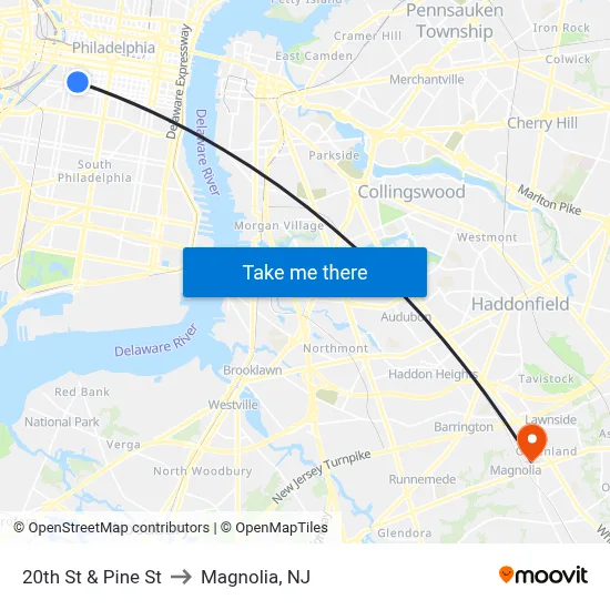 20th St & Pine St to Magnolia, NJ map