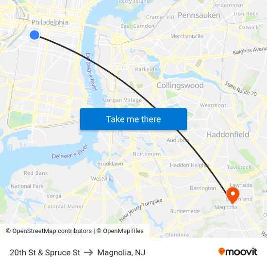20th St & Spruce St to Magnolia, NJ map