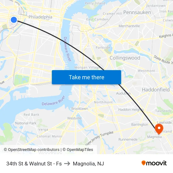 34th St & Walnut St - Fs to Magnolia, NJ map