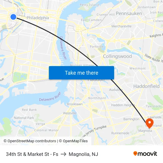 34th St & Market St - Fs to Magnolia, NJ map