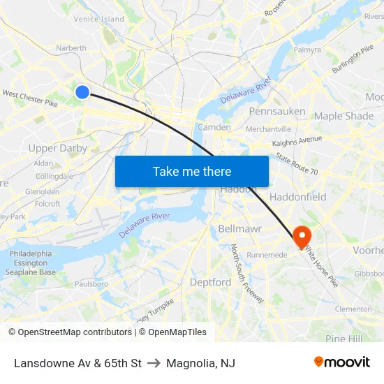 Lansdowne Av & 65th St to Magnolia, NJ map