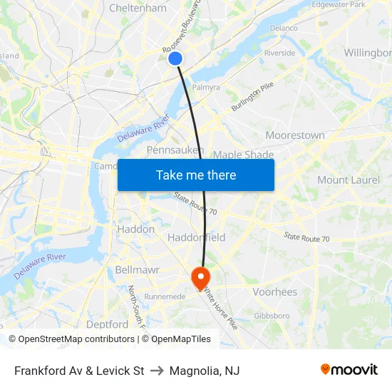 Frankford Av & Levick St to Magnolia, NJ map