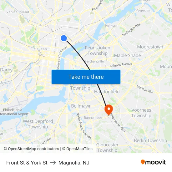 Front St & York St to Magnolia, NJ map