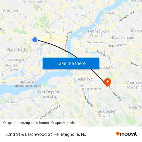 52nd St & Larchwood St to Magnolia, NJ map