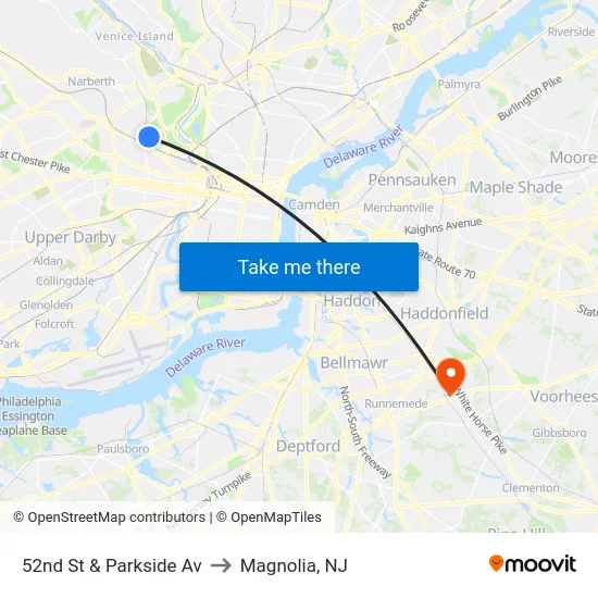52nd St & Parkside Av to Magnolia, NJ map