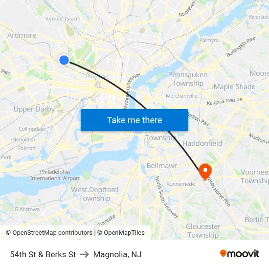 54th St & Berks St to Magnolia, NJ map