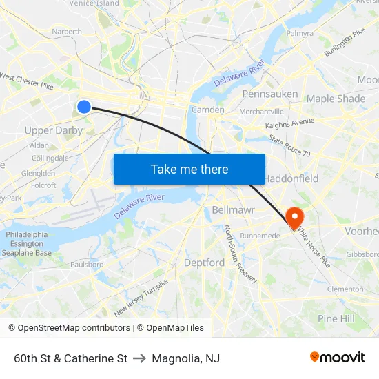 60th St & Catherine St to Magnolia, NJ map