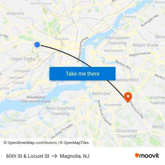 60th St & Locust St to Magnolia, NJ map