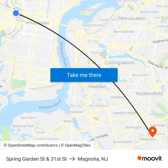 Spring Garden St & 31st St to Magnolia, NJ map
