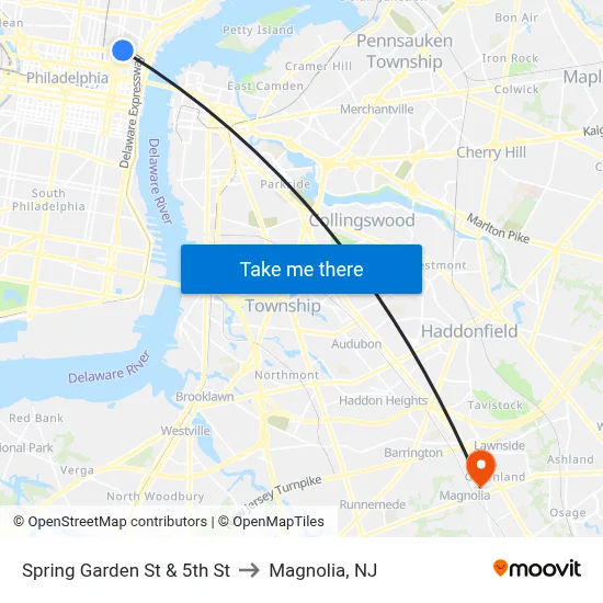 Spring Garden St & 5th St to Magnolia, NJ map