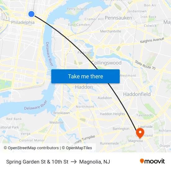 Spring Garden St & 10th St to Magnolia, NJ map