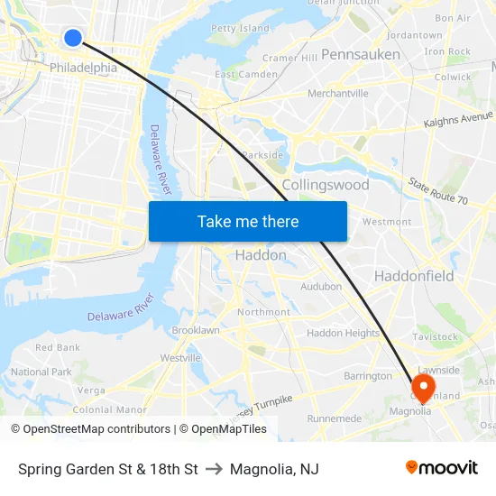 Spring Garden St & 18th St to Magnolia, NJ map