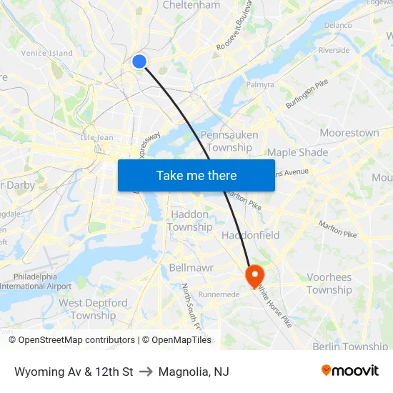Wyoming Av & 12th St to Magnolia, NJ map