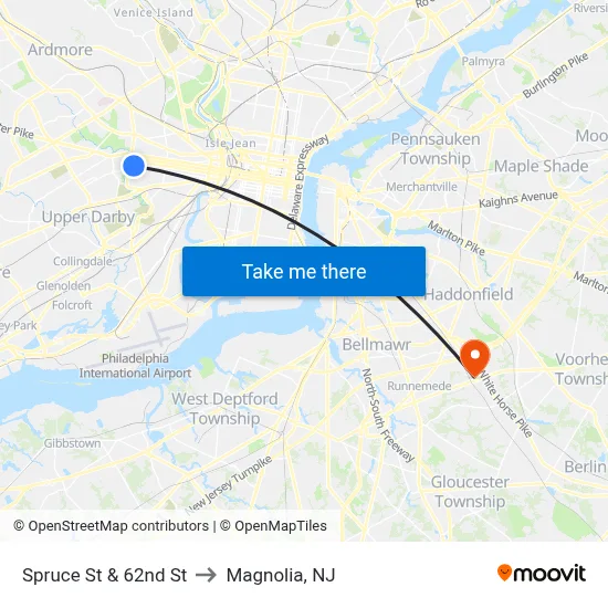 Spruce St & 62nd St to Magnolia, NJ map