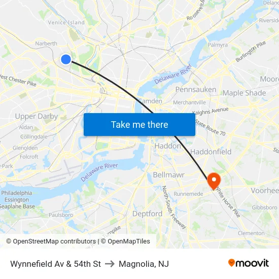 Wynnefield Av & 54th St to Magnolia, NJ map