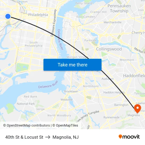 40th St & Locust St to Magnolia, NJ map