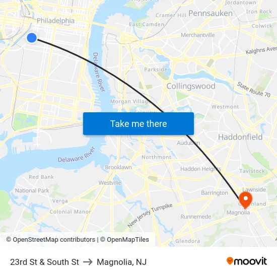 23rd St & South St to Magnolia, NJ map