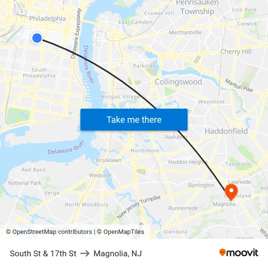 South St & 17th St to Magnolia, NJ map