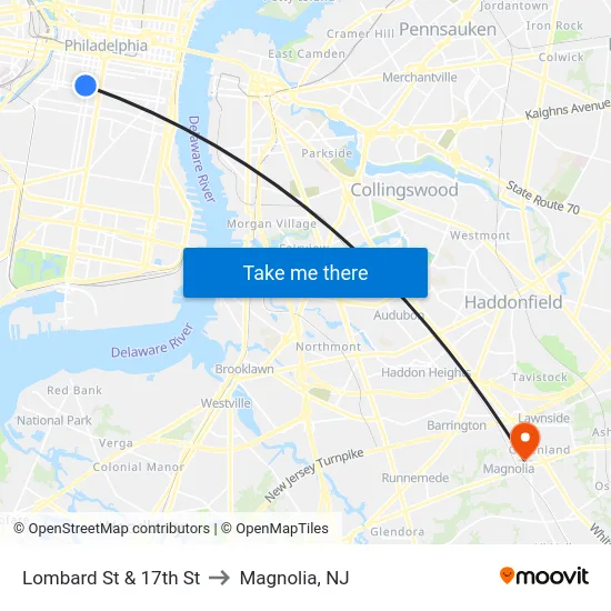 Lombard St & 17th St to Magnolia, NJ map