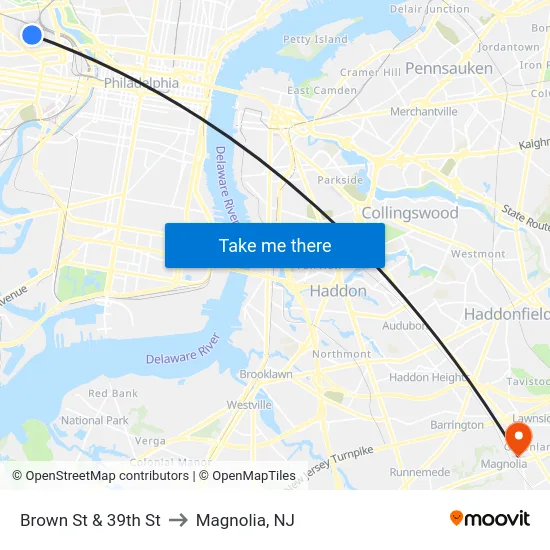 Brown St & 39th St to Magnolia, NJ map
