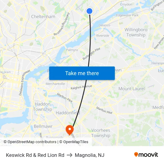 Keswick Rd & Red Lion Rd to Magnolia, NJ map