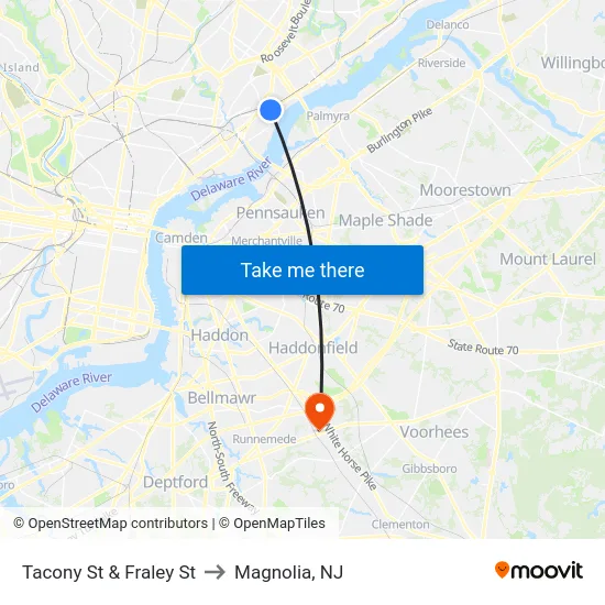 Tacony St & Fraley St to Magnolia, NJ map