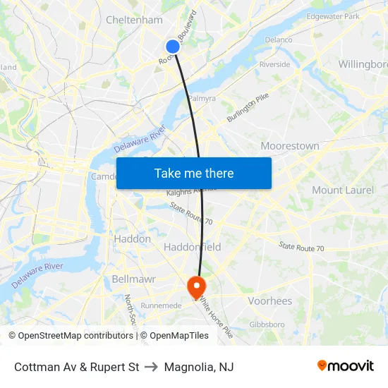 Cottman Av & Rupert St to Magnolia, NJ map