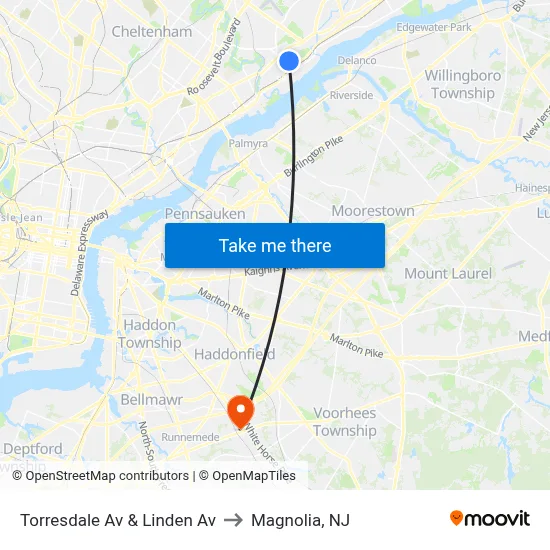 Torresdale Av & Linden Av to Magnolia, NJ map