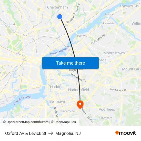 Oxford Av & Levick St to Magnolia, NJ map