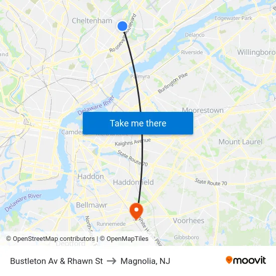 Bustleton Av & Rhawn St to Magnolia, NJ map