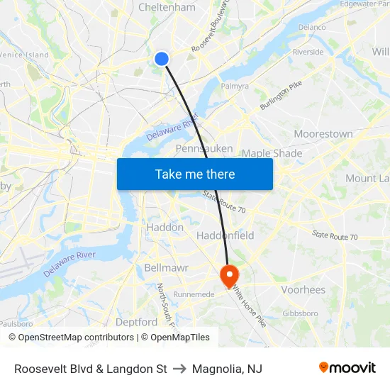 Roosevelt Blvd & Langdon St to Magnolia, NJ map