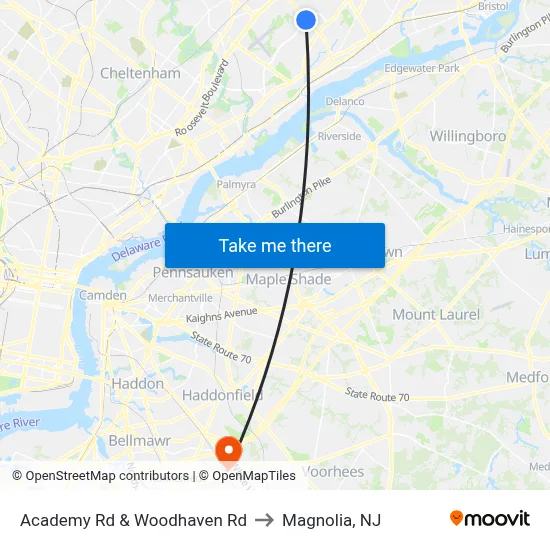 Academy Rd & Woodhaven Rd to Magnolia, NJ map