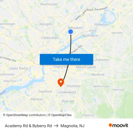 Academy Rd & Byberry Rd to Magnolia, NJ map