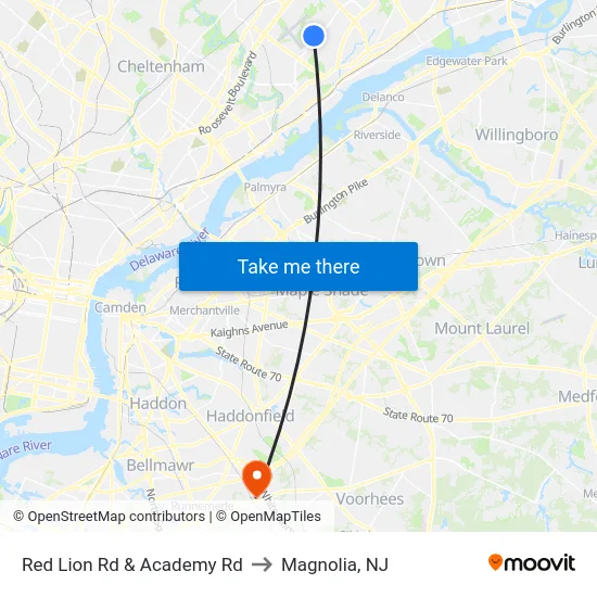 Red Lion Rd & Academy Rd to Magnolia, NJ map