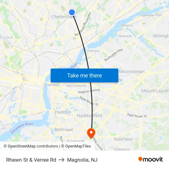 Rhawn St & Verree Rd to Magnolia, NJ map