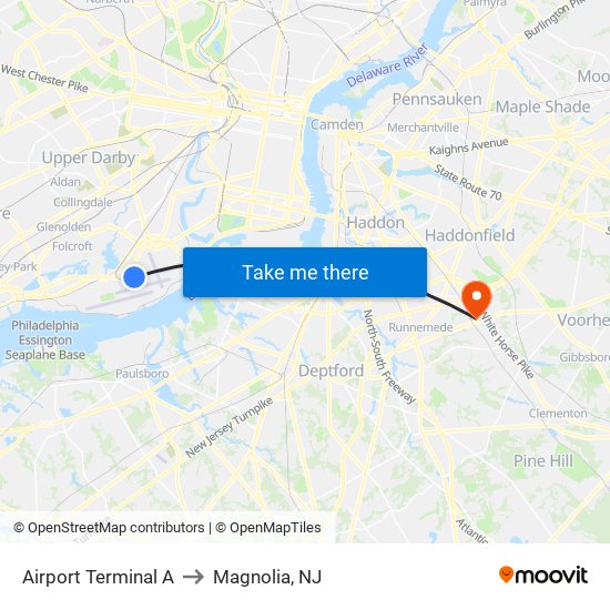 Airport Terminal A to Magnolia, NJ map