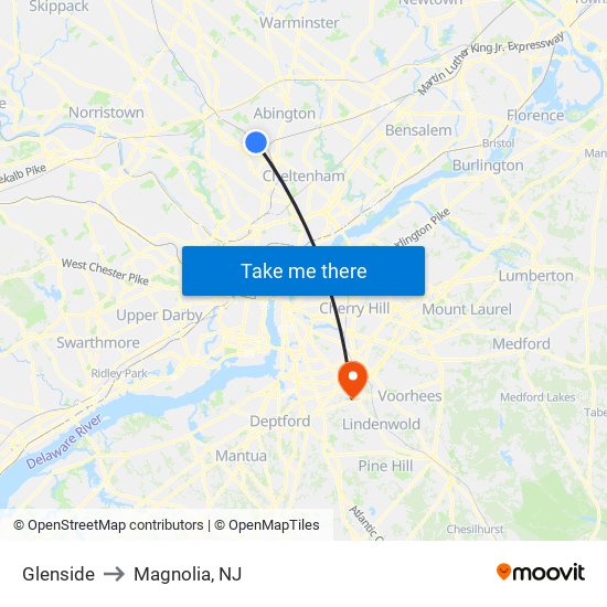 Glenside to Magnolia, NJ map
