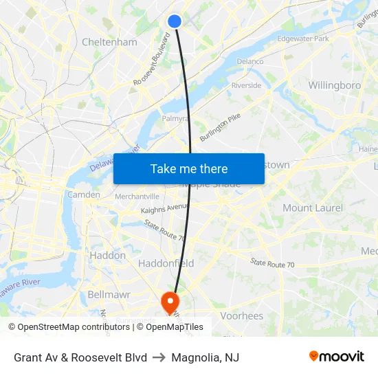 Grant Av & Roosevelt Blvd to Magnolia, NJ map