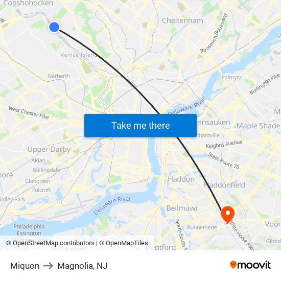 Miquon to Magnolia, NJ map