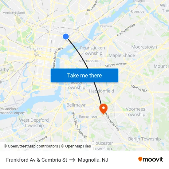 Frankford Av & Cambria St to Magnolia, NJ map