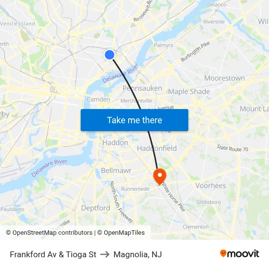 Frankford Av & Tioga St to Magnolia, NJ map