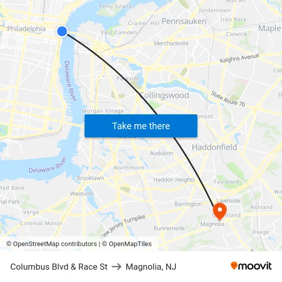 Columbus Blvd & Race St to Magnolia, NJ map